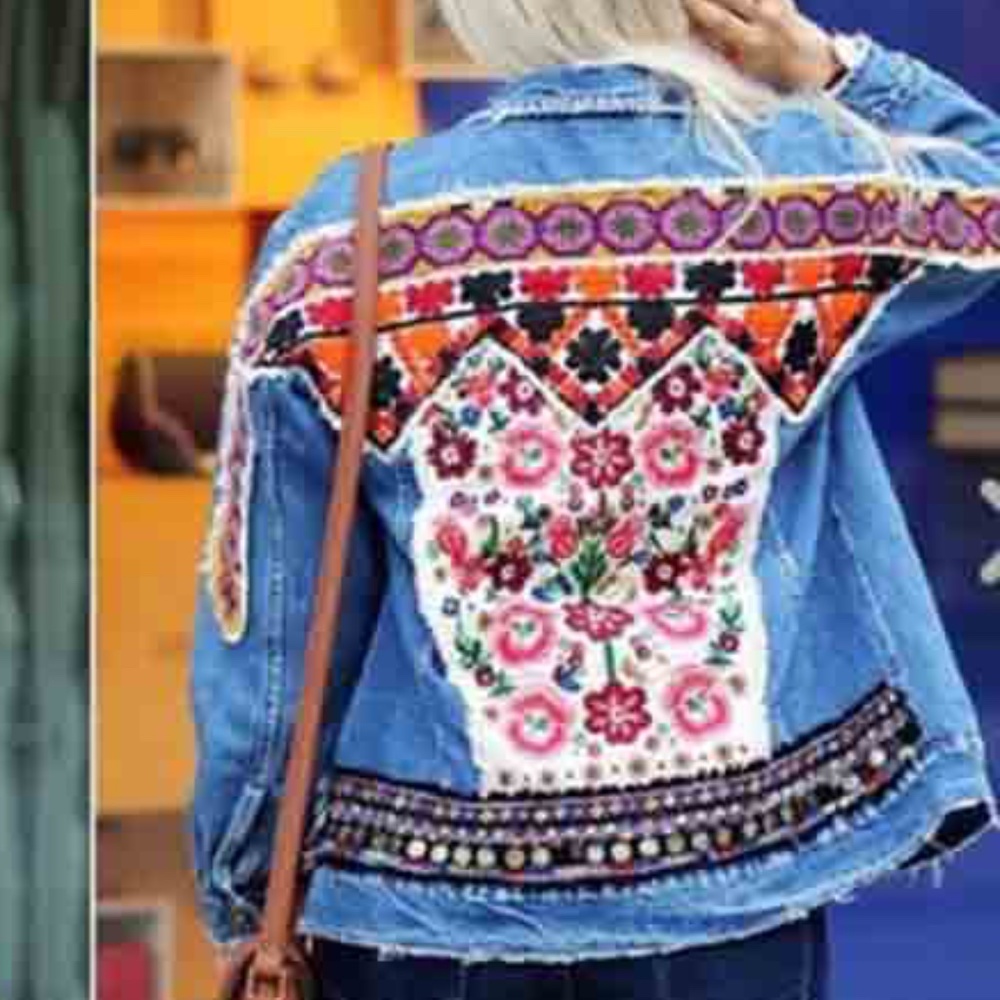 Boho Denim Blue Floral Embroidered Jean Jacket - Picture 1 of 14